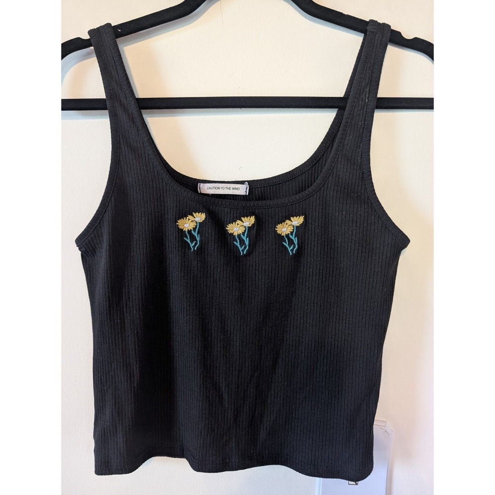 Womens Black Cropped Tank Top Embroidered Sunflower Small 90s Grunge Western